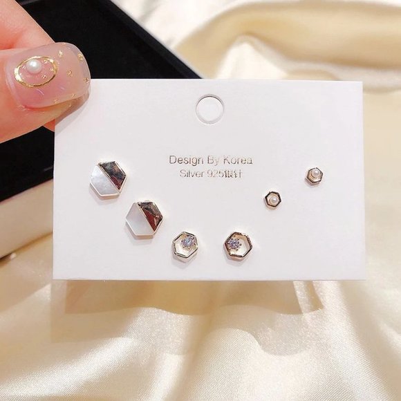 [3 Pairs] 925 Sterling Silver Diamond Earrings D
